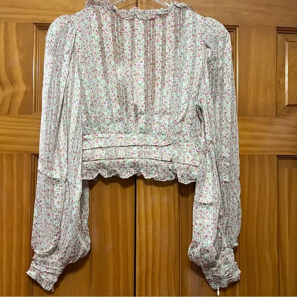 For Love And Lemons Pink and Green Ruffled Crop Blouse - Picture 7 of 15